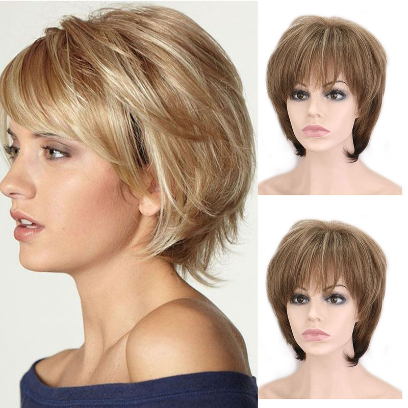 Women's short brown bob wig mixed Golden Synthetic natural wig