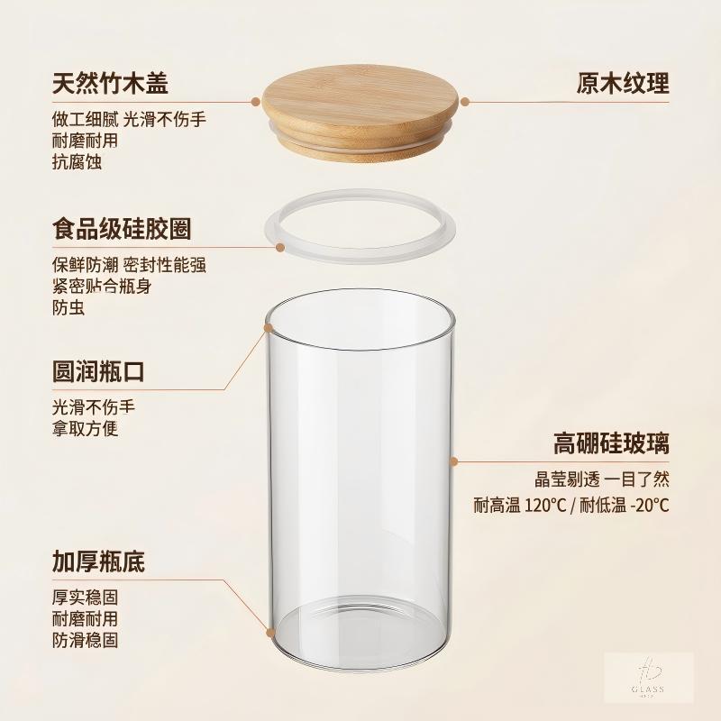 Comercio exterior spot alta borosilicona vidrio sellado lata de té cubierta de bambú lata de almacenamiento transparente circular lata de dulces de grado alimenticio