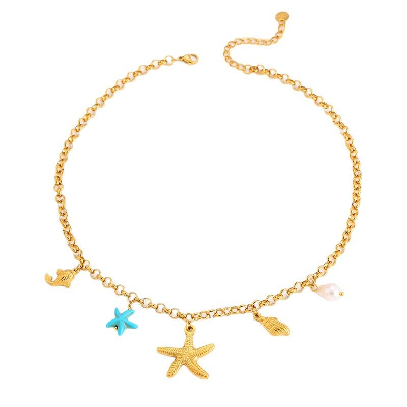 Moda transfronteriza, playa de nicho, estrella de mar, concha de mar, collar de acero de titanio, collar colgante de koi dorado de elementos múltiples, mujer image 6