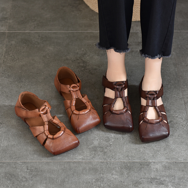 Retro summer low sandals square toe