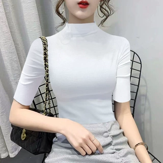 半高领打底衫女秋季内搭紧身中袖T恤薄款高弹半袖上衣