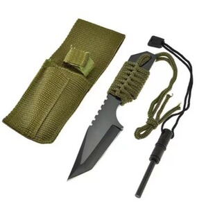 Outdoor Camping Small Straight Knife with Flint, Outdoor Survival Portable Rope-Tied Tactical High-Hardness Knife, Portable