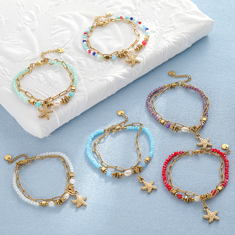 Cross-border high sense bracelet Bohemian natural stone pearl bracelet new stainless steel starfish color crystal Cross-border high sense bracelet Bohemian natural stone pearl bracelet new stainless steel starfish color crystal