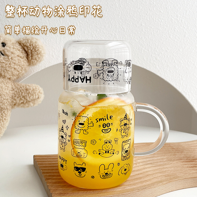 大容量高ホウ素シリコングラス家庭用アニメ蓋付きカップ高颜値女性ハンドル牛乳飲料カップ|undefined