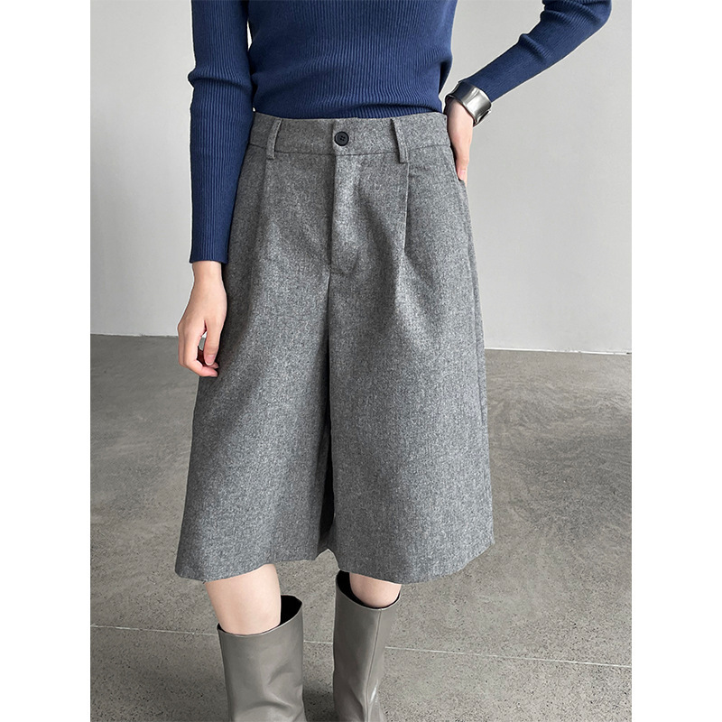 Taochuan High-End Woolen Wide-Leg Mid-Length Pants for Women, New Autumn High-Waisted Slimming Casual Five-Point Pants 2821