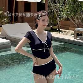 韩国ins风姐妹闺蜜款简约保守小胸短袖高腰遮肚显瘦分体游泳衣女