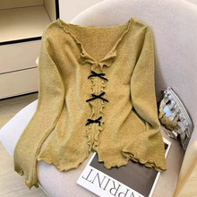 韩系V领长袖针织衫女秋冬新款不规则蝴蝶结木耳边内搭上衣潮A9082