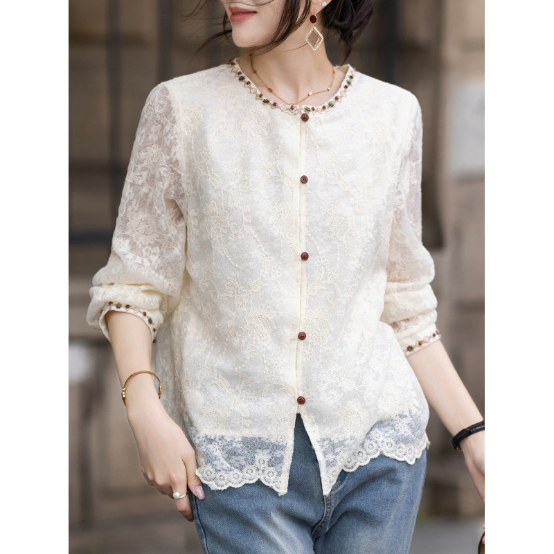 Lace Embroidered Shirt Women's 2025 Autumn New Bohemian Style Long-Sleeved Top # 5005
