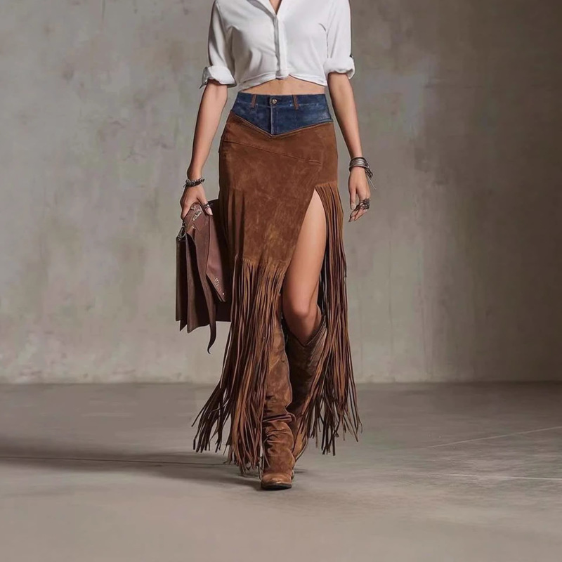 Autumn New Style Coffee-Colored Tassel Skirt, High-Waisted Faux Suede Fringe Slimming Anti-Exposure Skirt