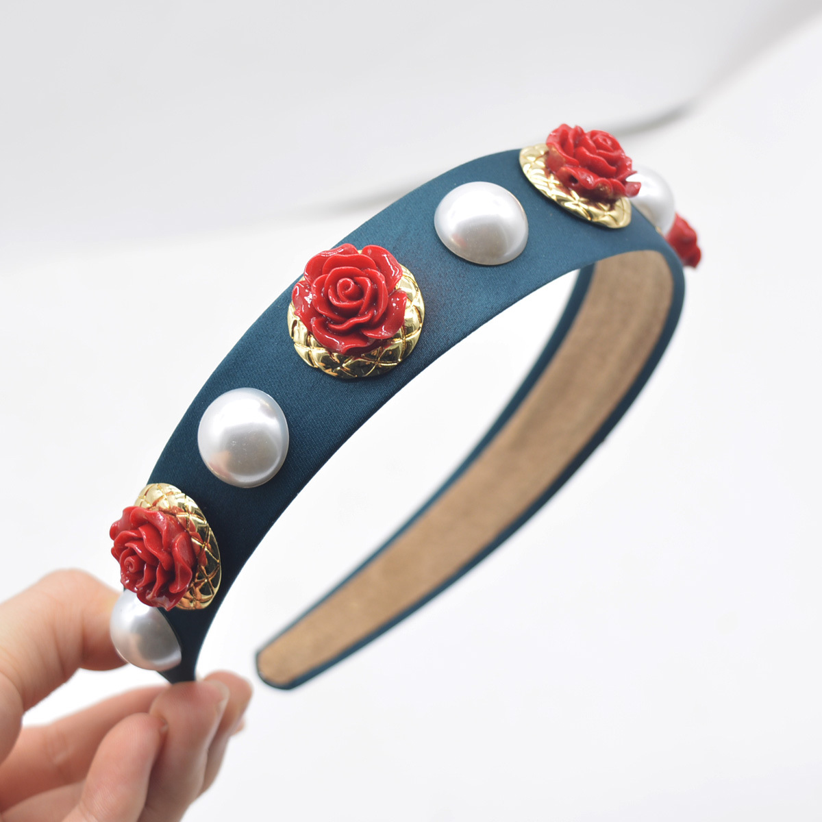 Retro Flower Flannel Inlay Pearl Hair Band 1 Piece