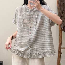 夏季新品 日系文艺连帽系带格子宽松短袖衬衫女帽衫防晒女衬衣