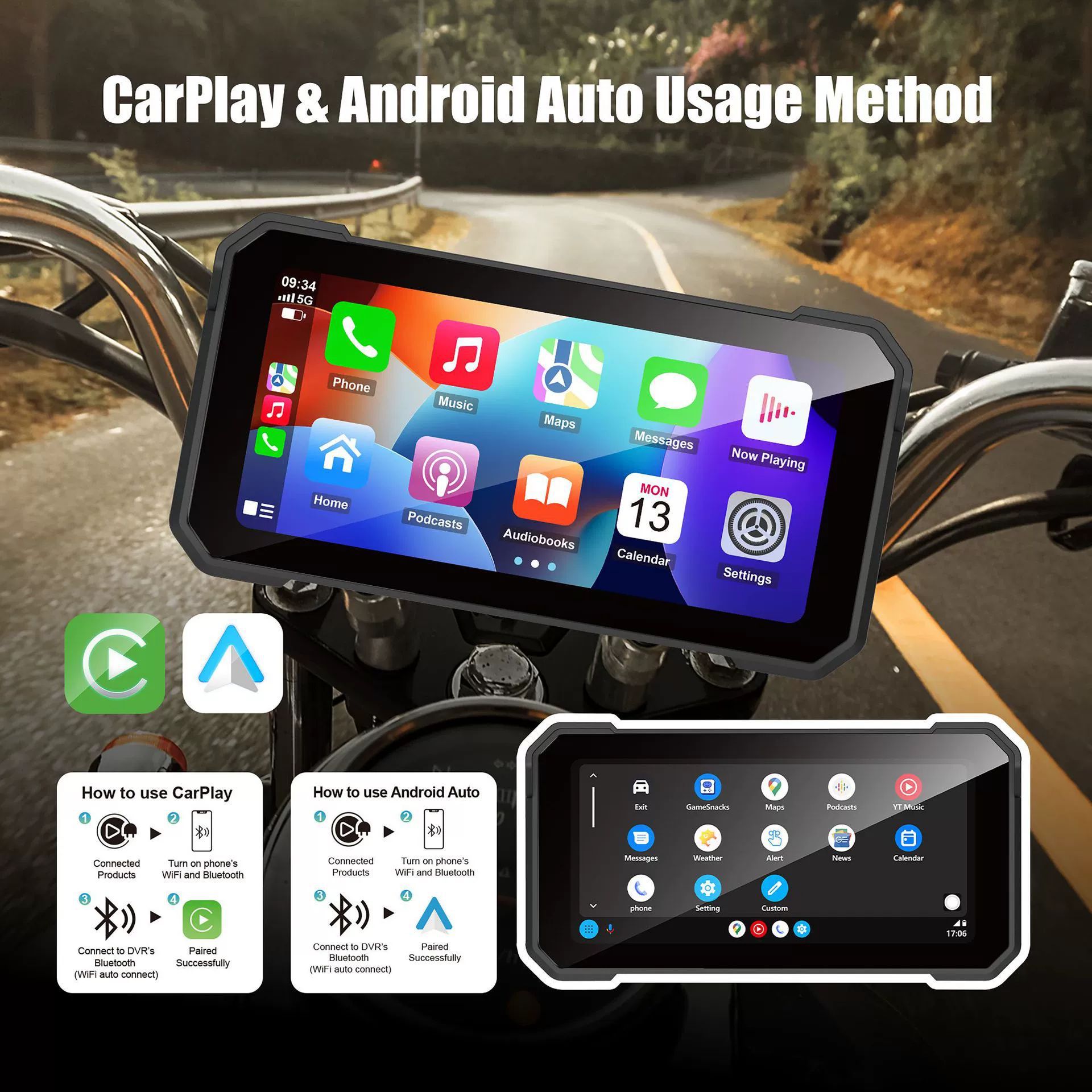 6.25inch Motorcycle Dashcam with Dual Front and Rear 4K HD BSD Motorcycle CarPlay Recorder