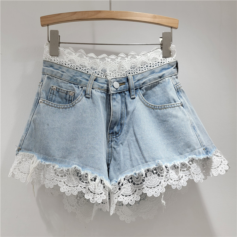 Designed Lace Slimming Hot Girl Denim Shorts for Women, Stylish and Personalized, Age-Reducing, Versatile High-Waisted Wide-Leg Hot Pants