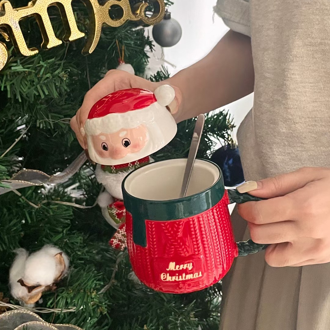 Personalidad creativa Navidad vieja Taza de cerámica con tapa cuchara Oficina taza de consumición muñeca de dibujos animados taza de café