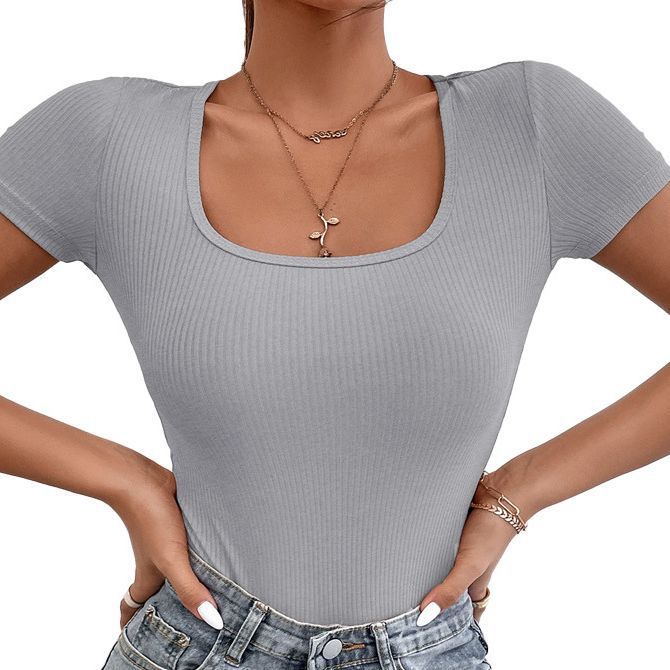 Transfronterizo europeo y americano Amazon AliExpress verano nuevo comercio exterior ropa de mujer cuello cuadrado color sólido manga corta mono apretado