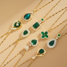 一件代发轻奢祖母绿水滴项链女锁骨链轻奢小众设计感微镶真金批发