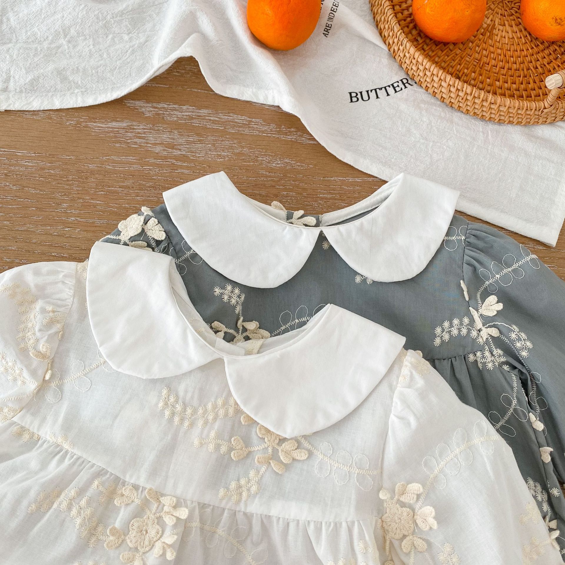 2024 Spring Girls' Long Sleeve Doll Collar Flower Embroidered Skirt+Romper Creeper Bodysuit sisters Dress_voghion.com