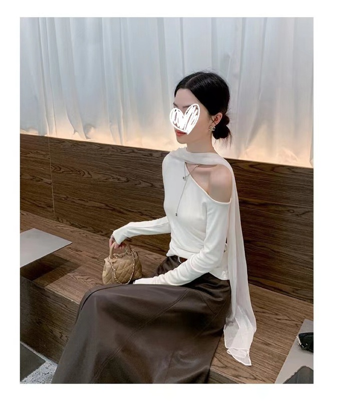 复古美拉德咖色斜肩飘带挂脖长袖针织衫女早秋气质修身显瘦短上衣|undefined