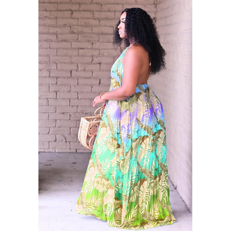 Women's Clothing ins women's clothing Summer fashion pleated straps printed backless large size large swing skirt_voghion.com