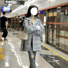 蓝色小香风格子外套女春秋款小个子韩版宽松显瘦炸街长袖夹克上衣