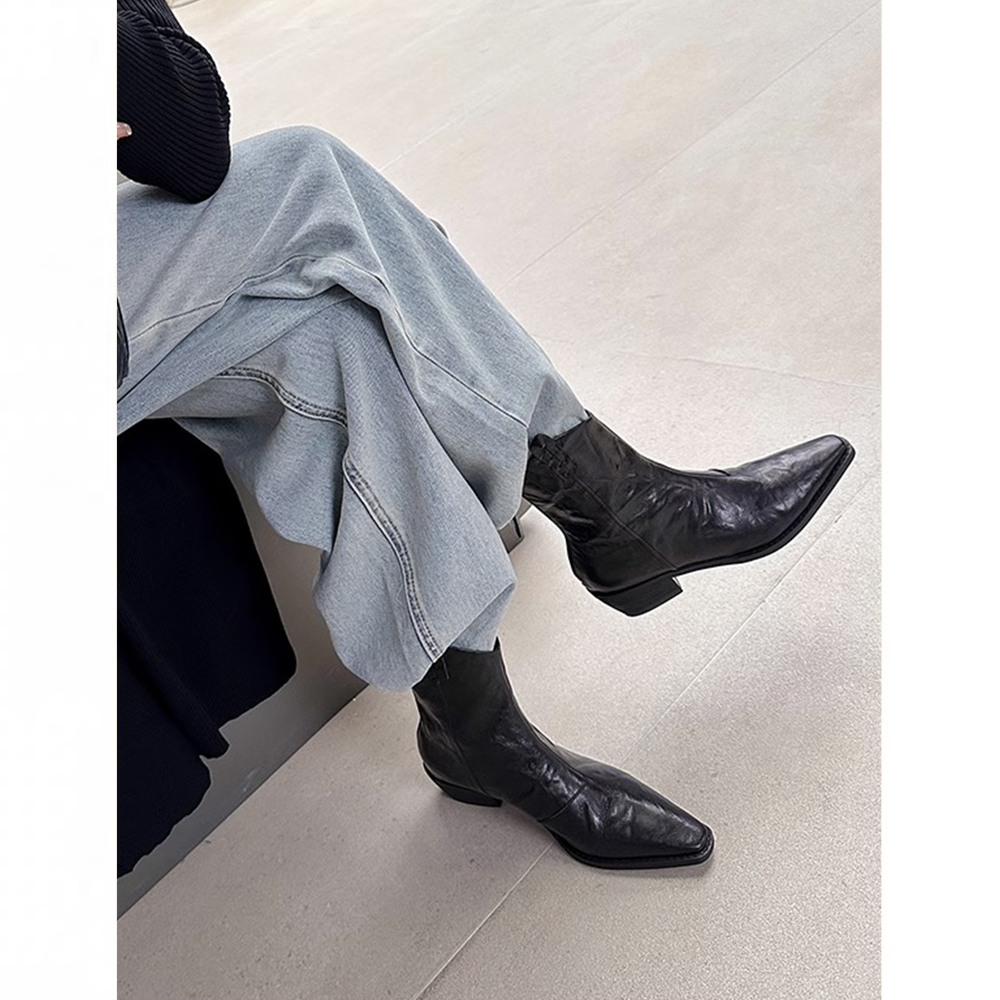 羊皮版~尖头切尔西靴女2025新款秋冬踝靴法式小短靴粗跟瘦瘦靴子