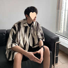 扎染衬衫男短袖夏季薄款日系复古高级感痞帅五分袖衬衣宽松外套潮