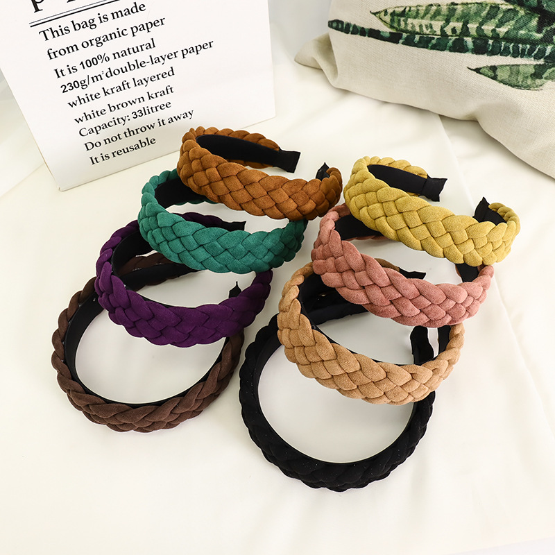 European And American New Style Solid Color Braided Wide Brim Press Hair Wash Headband Wholesale display picture 18