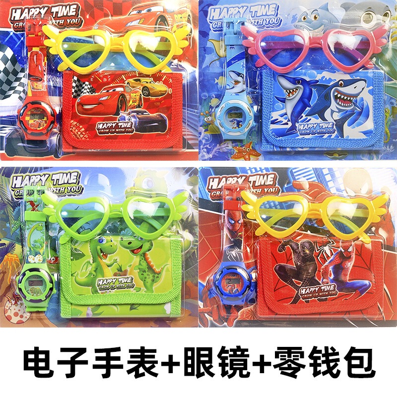 New Electronic Watch + Wallet + Glasses Set Ice and Snow Spider-Man Coin Purse Kindergarten Primary School Student Gift