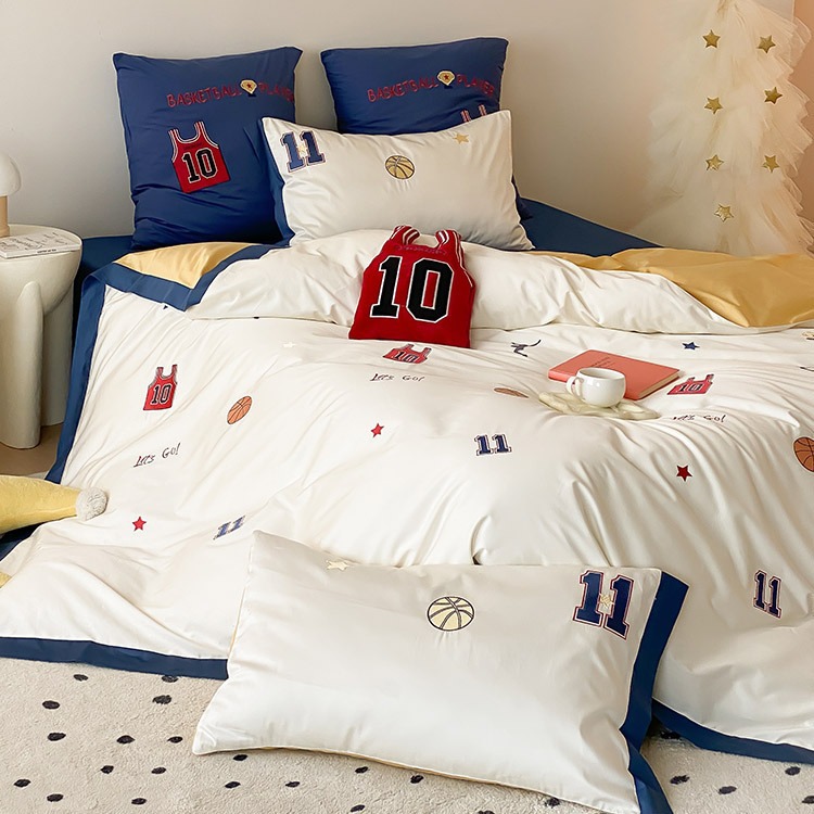Children's 100S Double-stranded Australian Cotton Four-piece Set Cartoon Style Basketball Embroidered Cotton Boys Quilt Cover Bedding