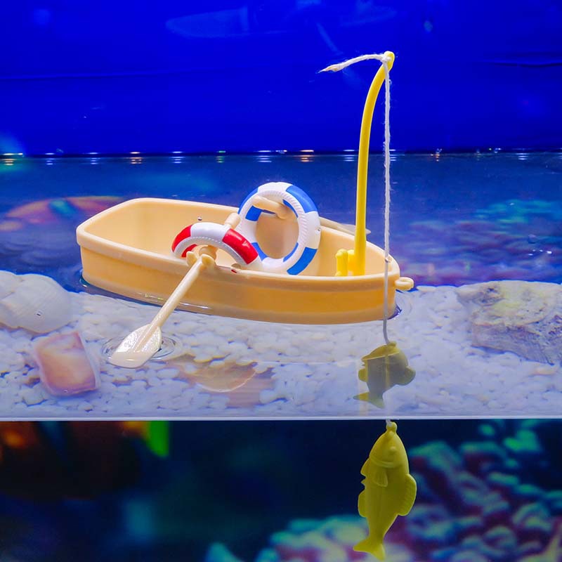 Decoración de paisajismo interesante, acuario, agua, anillo de natación, pesca, barco de pesca, modelo de paisajismo de acuario, barco de plástico flotante