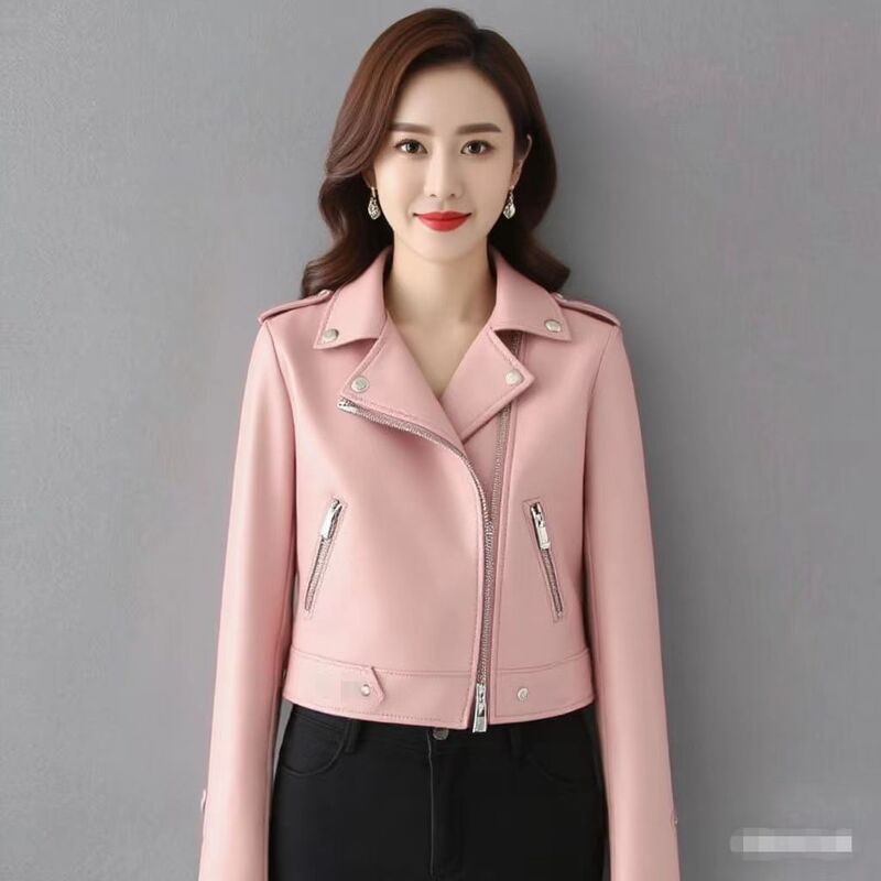 2025 Women's Spring Slim Leather Jacket Bingbing Same Style Women's Short Lapel Motorcycle Women's Leather Jacket Wholesale