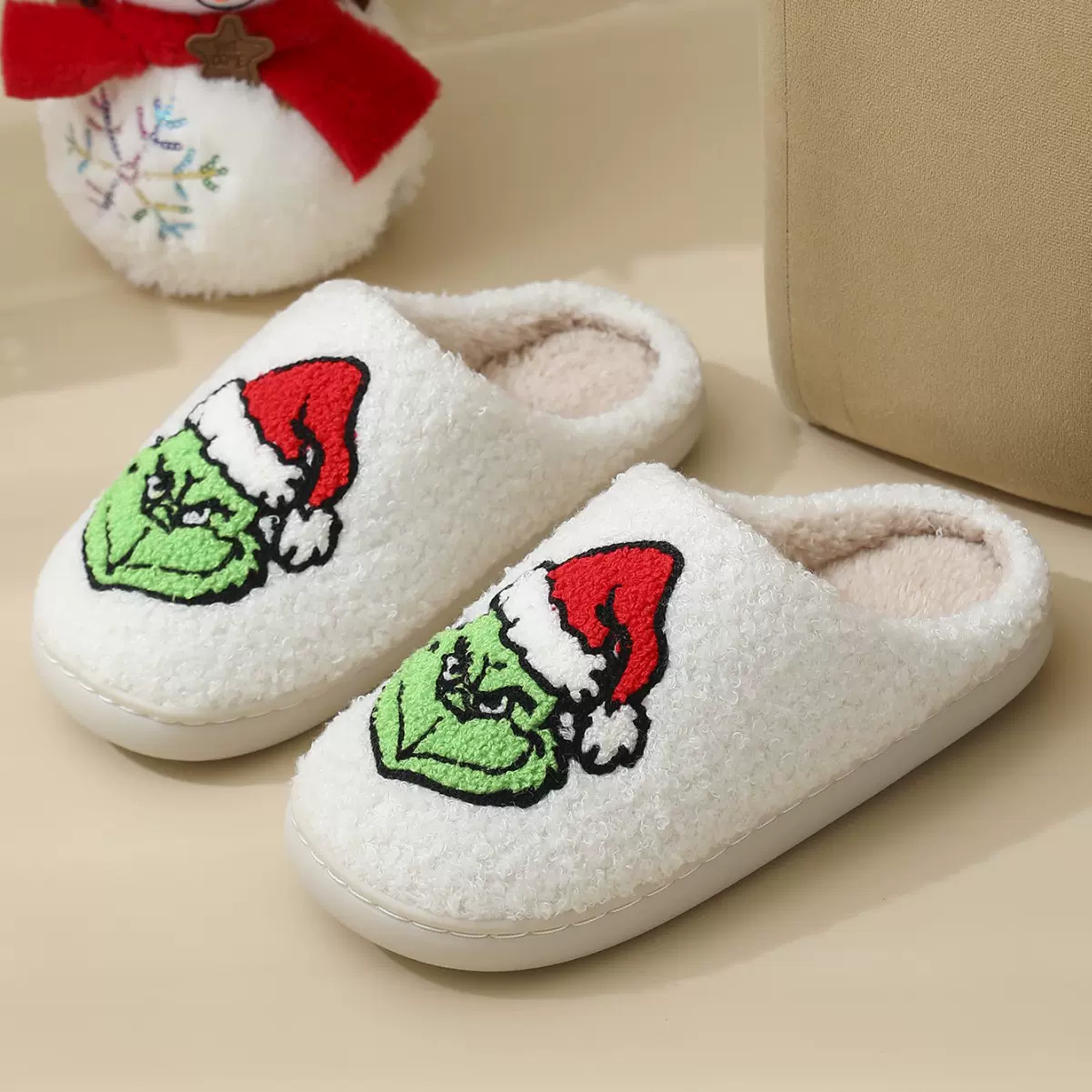 圣诞跨境圣诞老头冬季麋鹿棉拖鞋批发室内家居姜饼人毛绒保暖拖鞋