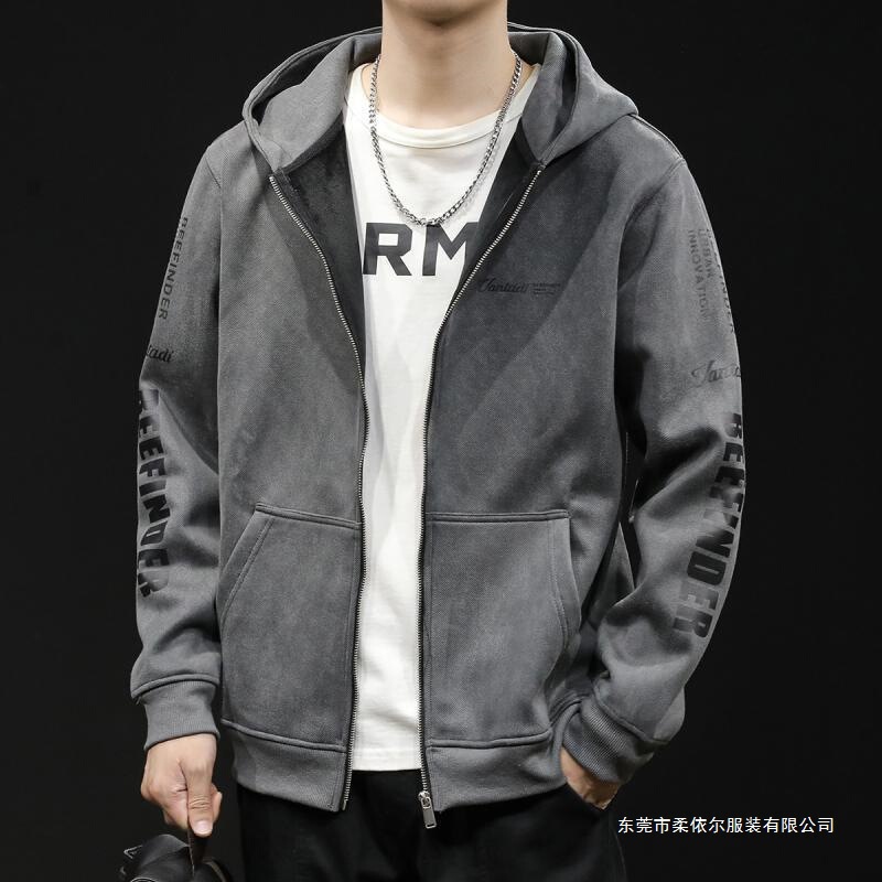 Spring and Autumn Zipper Cardigan Sweatshirt Men's Hooded Men's Trendy Brand Large Size Men's Autumn and Winter Sports Jacket Suede Thickeneding