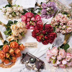 家居仿真玫瑰花婚慶裝飾假花批發歐式泰玫油畫色拍攝道具保加利亞