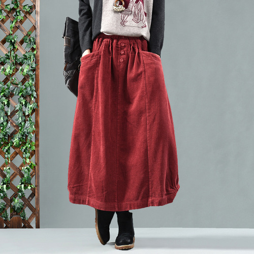 Retro Artistic Mid-Length Autumn/Winter Women's Skirt—Patchwork Pocket Corduroy Bud Skirt, Slimming A-Line Skirt