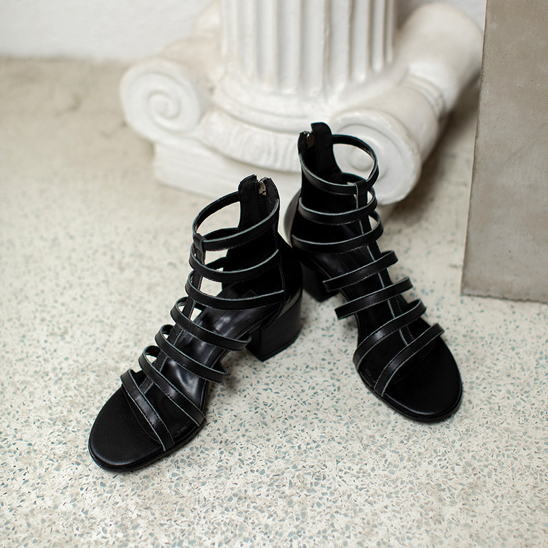 Sandal nữ cao gót siêu cao da bò kiểu La Mã cổ cao gót thô — Màu đen chi tiết 19
