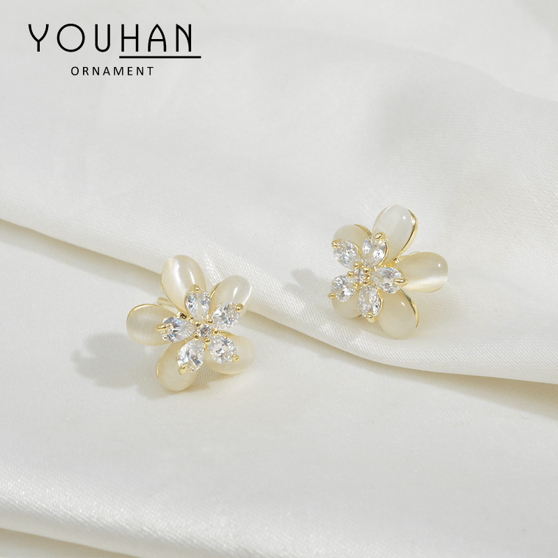 S925 silver needle micro-set zircon petals women's earrings design sense earrings fashion earrings jewelry