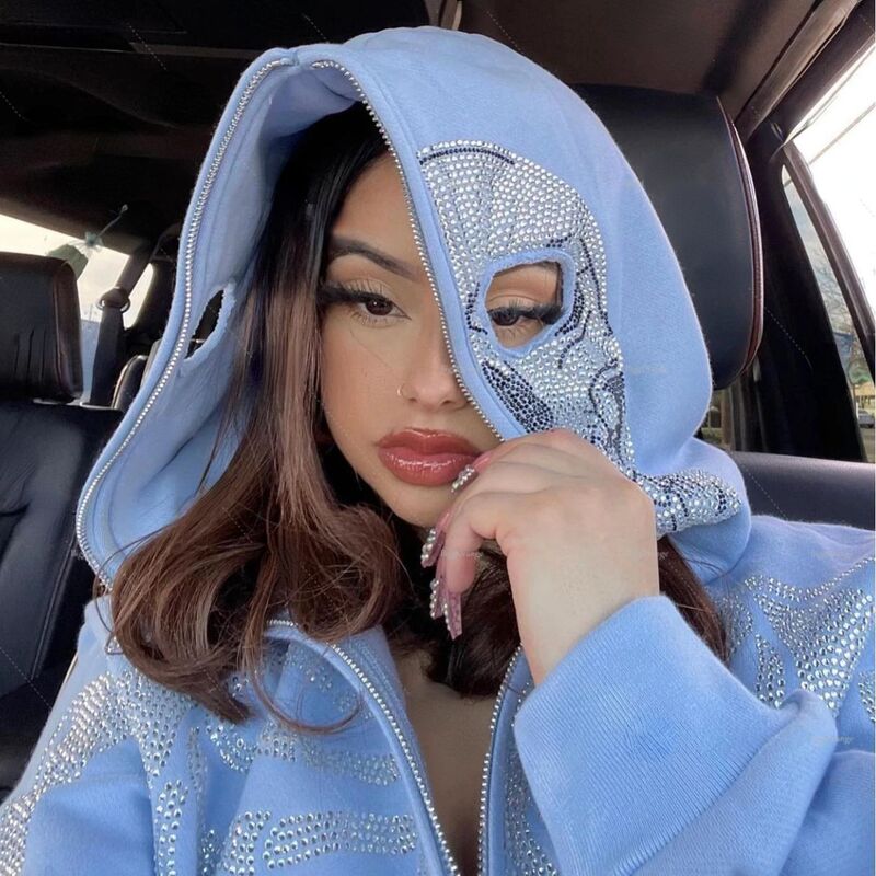 2024 Aliexpress New Women's Dark Gothic Street Hoodie Skull Rhinestone Zipper Hooded Sweatshirt 2024 Aliexpress New Women's Dark Gothic Street Hoodie Skull Rhinestone Zipper Hooded Sweatshirt
