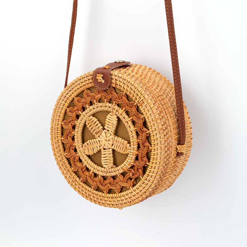 Bolsa de ratán, mini bolsa diagonal, canasta de bosque, bolsa redonda tejida de arte retro, bolsa de hebilla de cubo de vacaciones