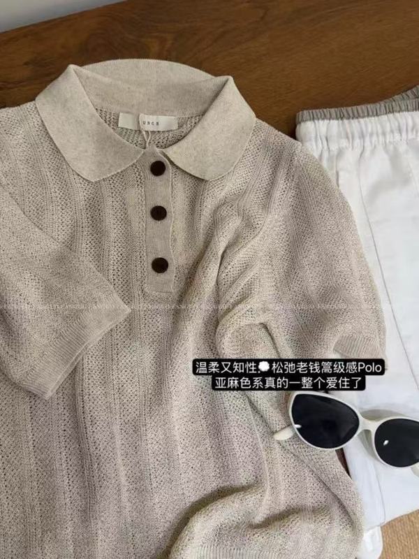 ounce 燕麦芝士 亚麻和子纱 高级感老钱风Polo领针织衫正肩短袖女|undefined