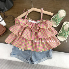 女小童夏季套裝女寶寶粉格荷葉邊吊帶上衣休閒洋氣牛仔短褲外貿