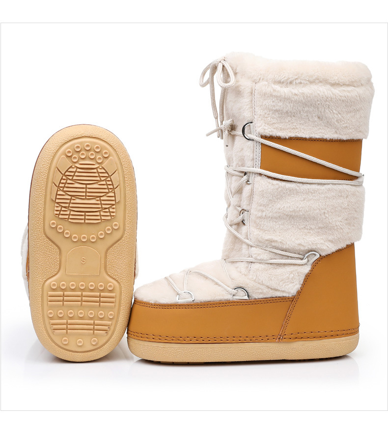 Scarpe da donna Stivali da sci spessi Stivali da neve alti in pelliccia di agnello con cuciture in pelliccia_voghion.com