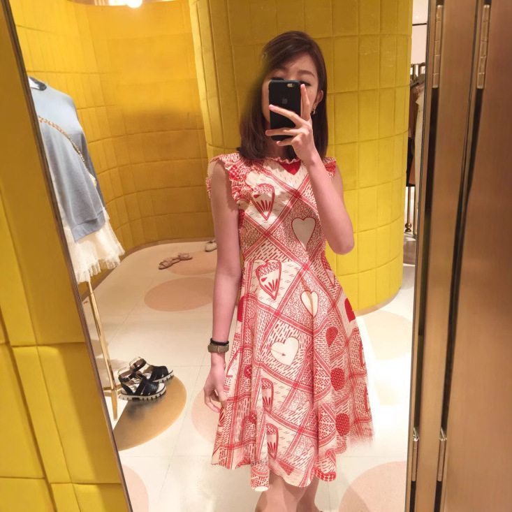 Spring and summer new sleeveless round neck love printed dress slimming heart blue red 85075 clear