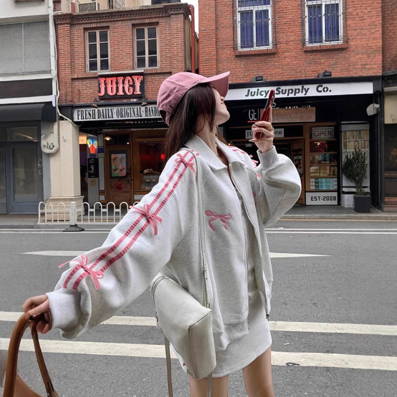 Design Bow Long-sleeved Sweatshirt Coat Women's Spring and Autumn New Lapel Embroidered Loose Niche Top Trendy