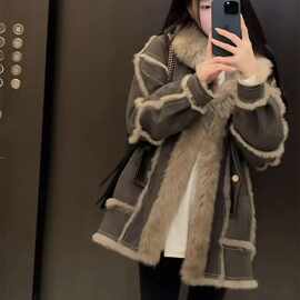 紫色仿羊羔毛外套女秋冬厚外套拼接百搭大衣时尚休闲宽松加绒加厚