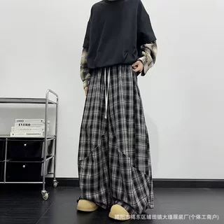 美式复古慵懒风格子休闲裤男双腰头拼接中性风宽松阔腿长裤子ins