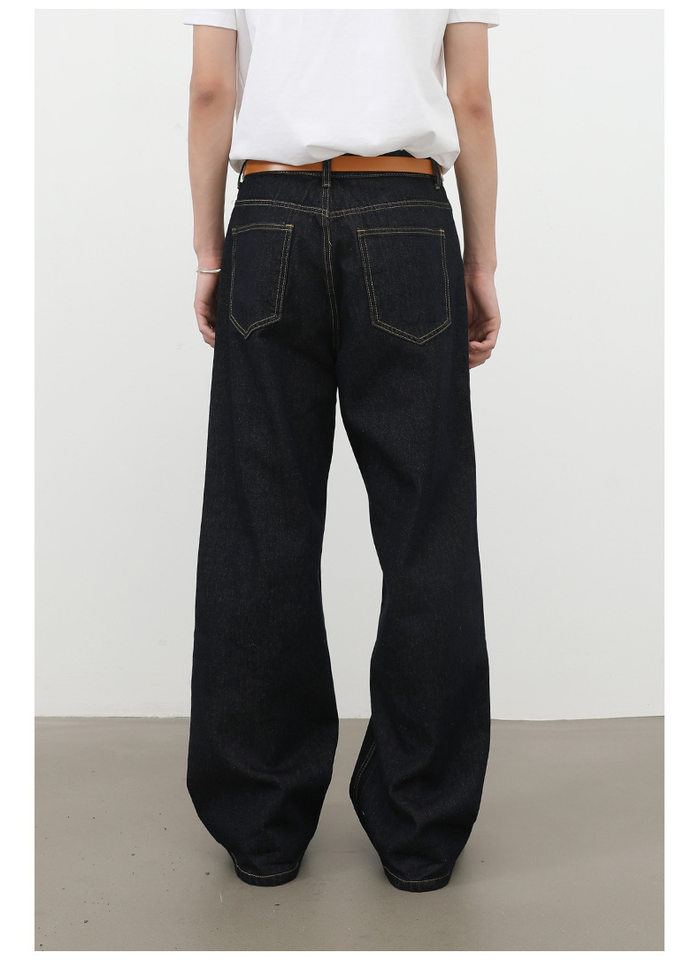 Quần jean nam ống rộng lưng giữa form suông thoải mái phong cách cơ bản — Denim đen, màu xanh denim chi tiết 17