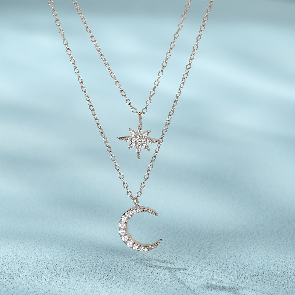 925 Sterling Silver Material Star, Moon Pattern 925 Sterling Silver Zircon Cable Chain Plating Inlay Star Moon Double Layer Necklaces