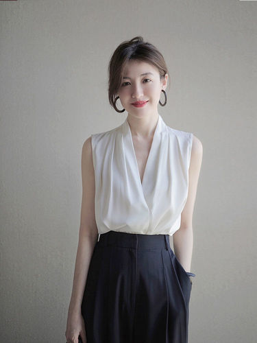 Satin silk v-neck camisole women's summer suit with acetate sleeveless shirt halterneck solid color top trendy