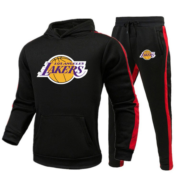 運動休閑套裝籃球服湖人logo印花跨境速賣通套頭連帽衛衣衛褲外貿